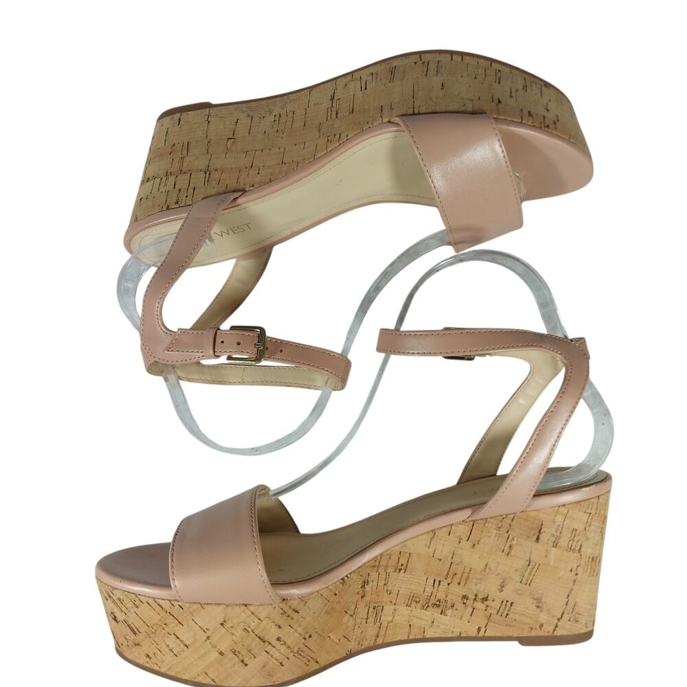 NINE WEST! VALERIE PALE BEIGE PINK VEGAN LEATHER CORK SOLE, WEDGE HEELS! SZ 8.5M